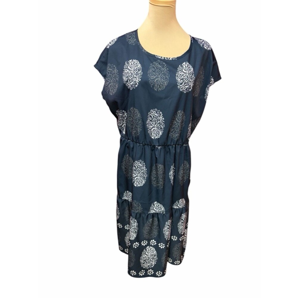 Emery Rose Navy Blue Printed Midi Dress Elastic Waist Size Medium